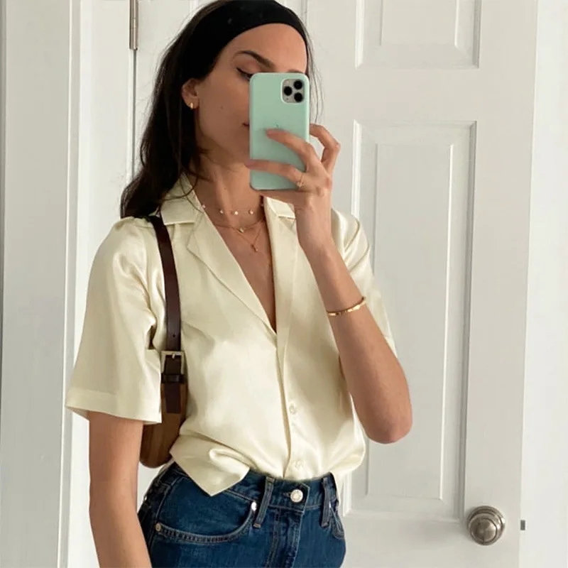 

Новая Однотонная рубашка, женская блузка на пуговицах, атласная Повседневная элегантная рубашка с воротником, женская рубашка на весну и ос...