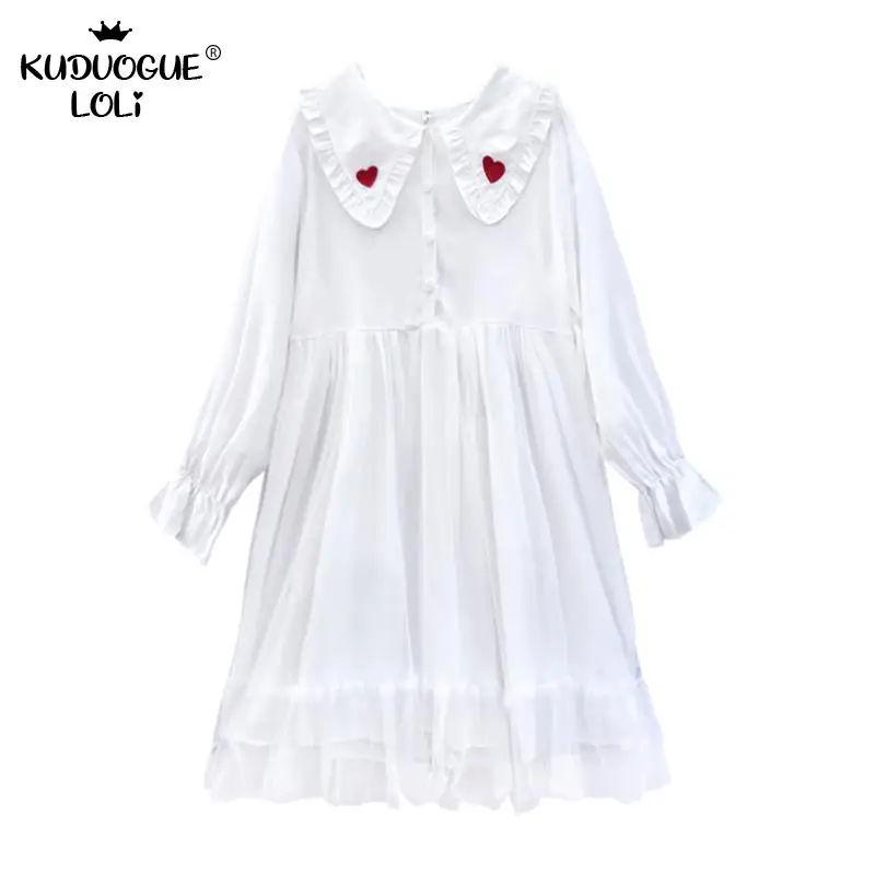 Японское милое белое платье для куклы с воротником длинным рукавом вышивкой в