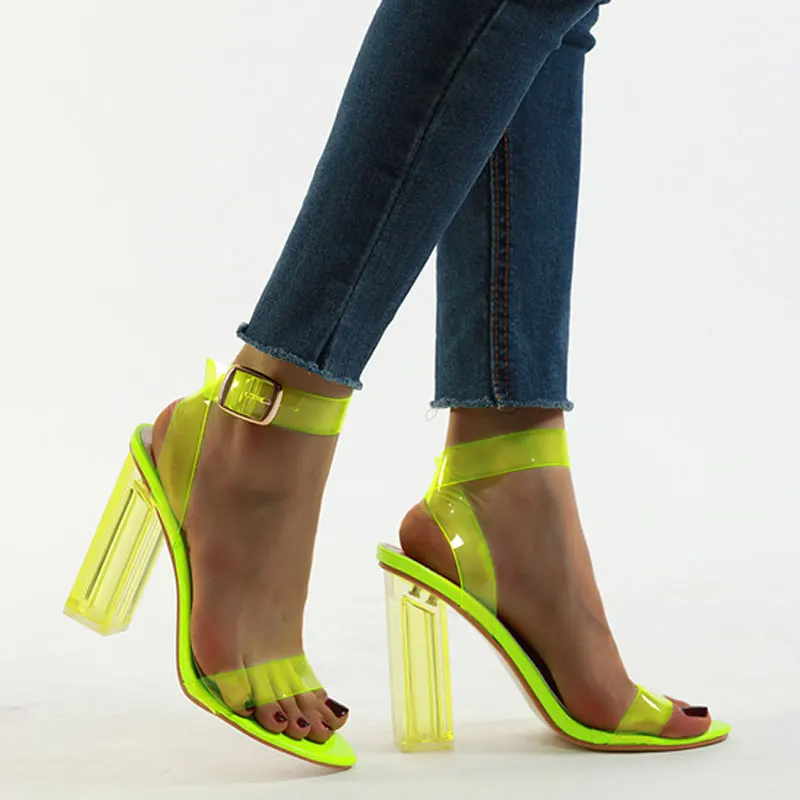 1410-3 Neon Green Летние туфли; женские босоножки из ПВХ на высоком квадратном каблуке; прозрачная обувь; сандалии с пряжкой; сандалии с ремешками на лодыжках; Цвет Черный; 11 см - Цвет: 1410-3 Neon Green
