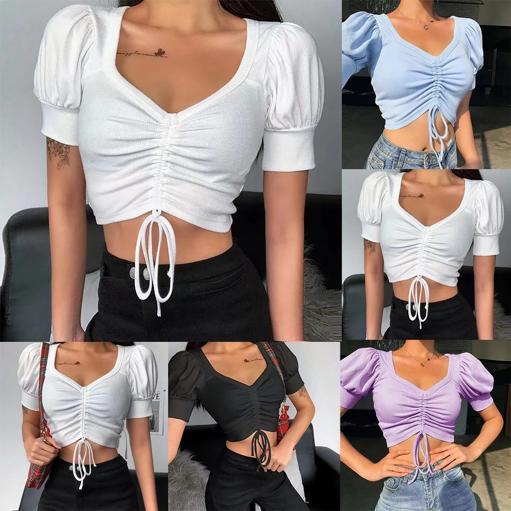 

Sexy V Neck Ruched Cropped Tank Tops Women Drawstring Tie Up Front Camis Candy Colors Streetwear Slim Fit Ribbed Crop Top D30