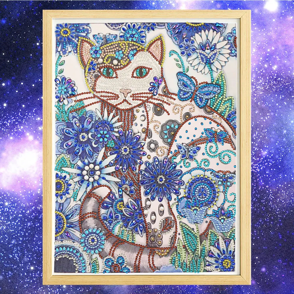 Алмазная картина в специальной форме с котом и голубым цветком DIY 5D Набор для