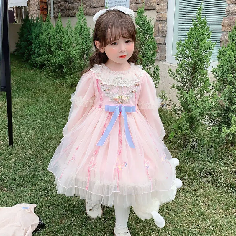 

2022 Spring Girls Spanish Boutique Pink Dress Kids Long Sleeve Lotia Ball Gowns Baby Girl Spain Kawai Dress Birthday Clothes