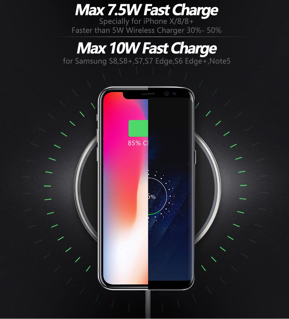 Vogek 7,5 Вт Qi Беспроводное зарядное устройство для iPhone 8 X, 10 Вт быстрое зарядное устройство для samsung S8 S7, цинковый сплав силиконовый чехол для быстрой зарядки телефона