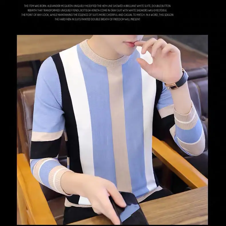 

2021 Men's Pullover Sweater Knitwear Stripe Trend Spring and Autumn Thin Long Sleeve Top Bottom Shirt