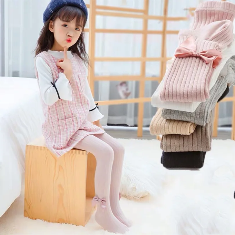 1 пара/лот однотонные колготки с бантом для маленьких девочек сезон осень-зима