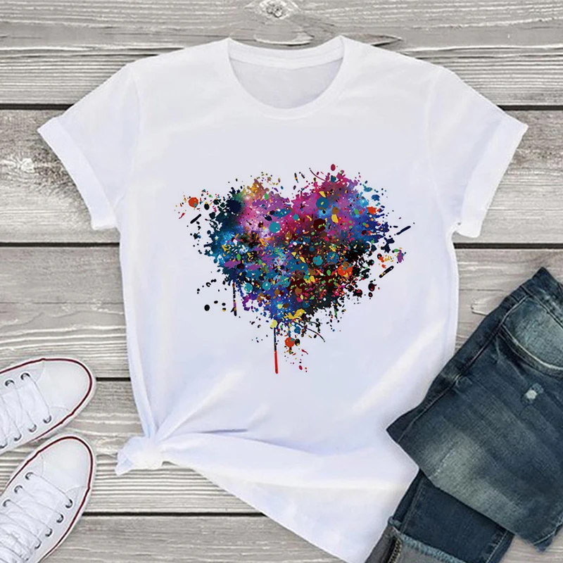 Новая корейская женская футболка 2021 года модная с цветным принтом любви