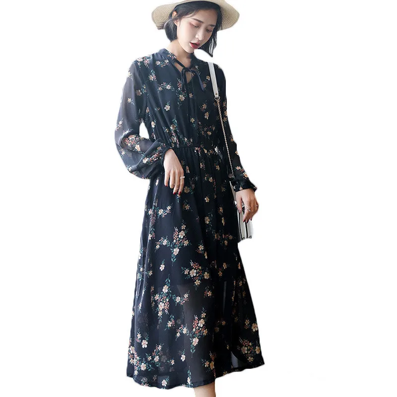 

2021 Korean Floral Pleated Dress Women Spring Autumn New Style Waist Long-sleeved Over-the-knee Chiffon Dress f504