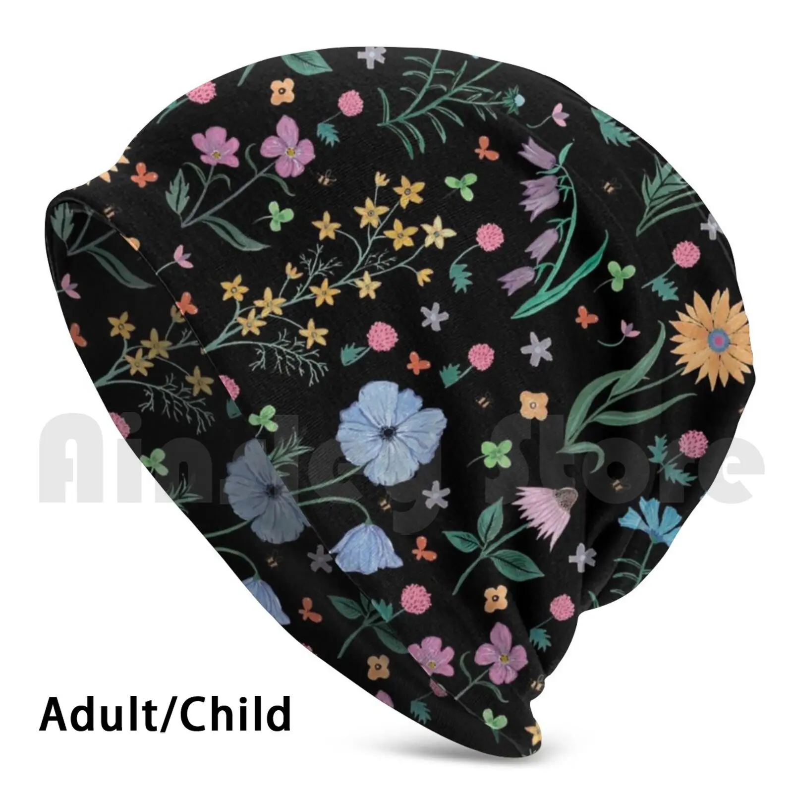 

Spring Garden Tossed Pattern , Dark Background Beanies Knit Hat Hip Hop Watercolor Gouache Floral Flowers