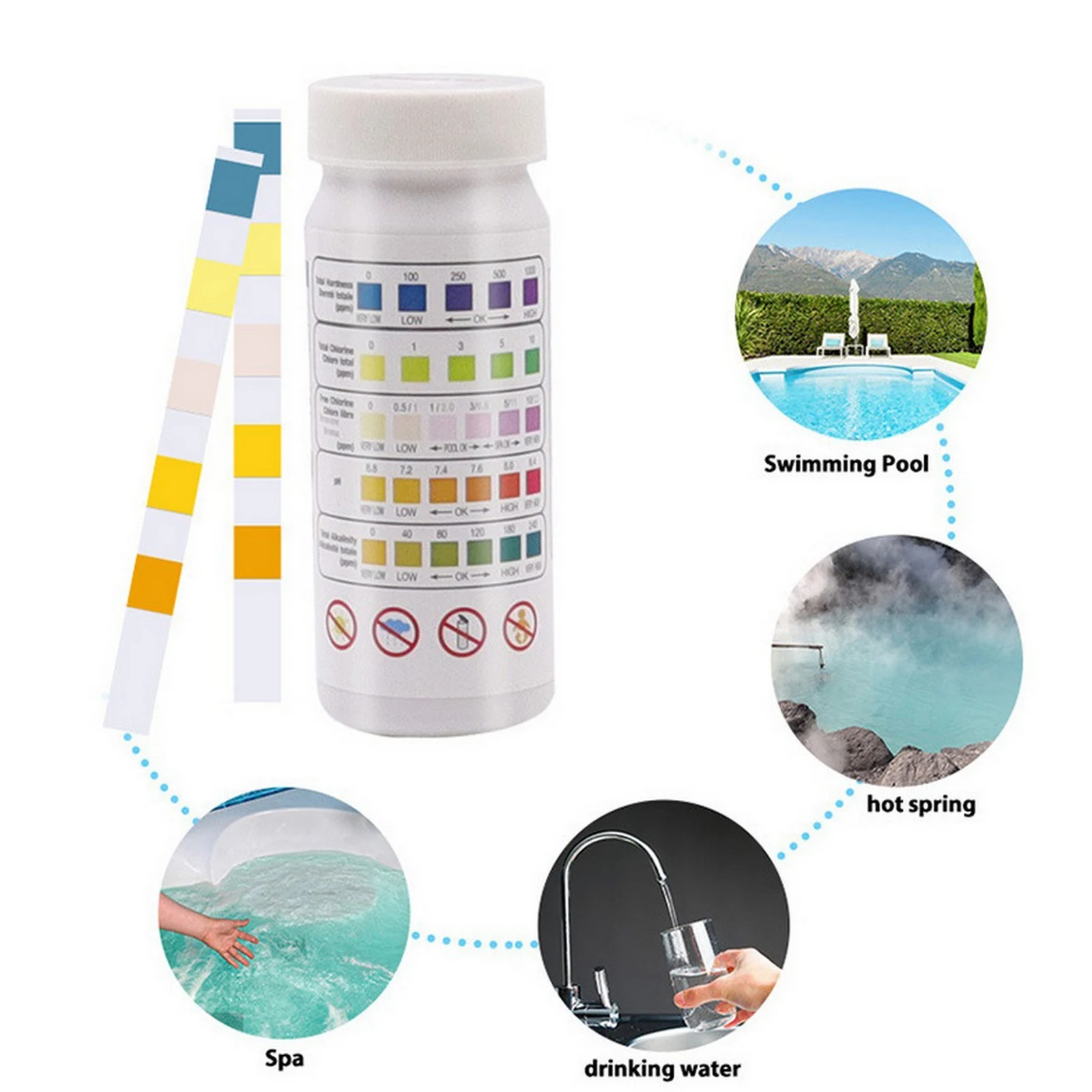 

50pcs 6-In-1 Swimming Pool PH Test Paper Residual Chlorine PH Value Alkalinity Hardness Test Strip Pool Cleaner Accessories