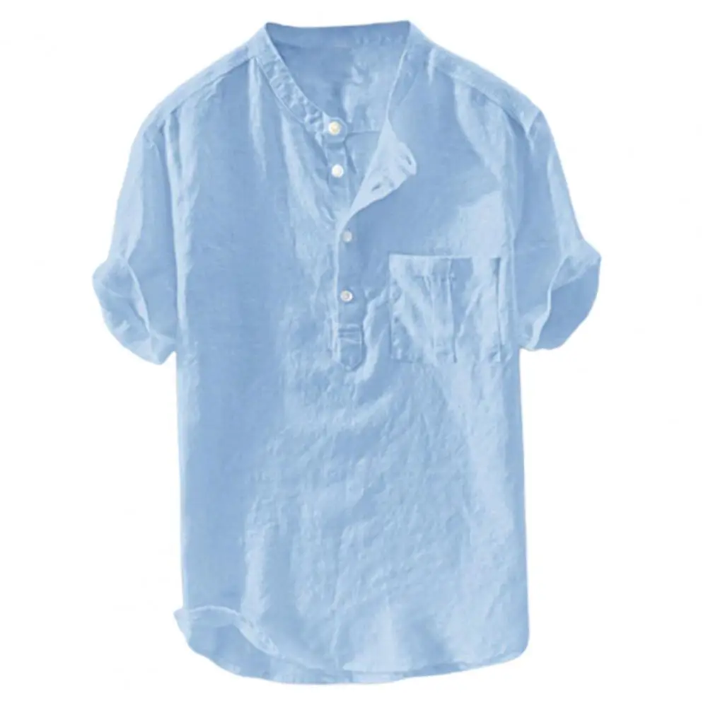 

Men's Summer New Solid Color Button Short Sleeves Fashion Male Cotton Blend Slim Blouse Top 2021 New Fashion Shirts For Male