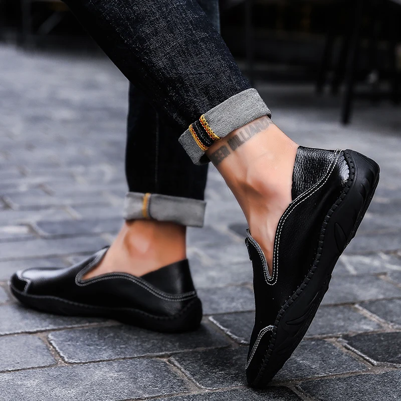 Italian genuine Leather Men Casual Shoes outdoor Luxury Brand Mens Loafers Moccasins Breathable Slip on Black Soft Flats | Обувь