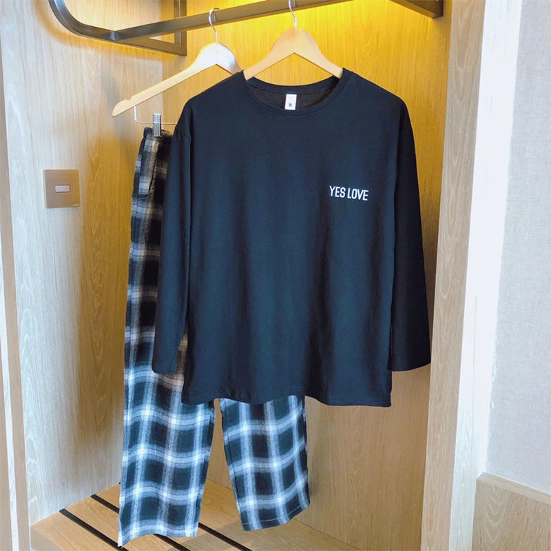 Home Clothes for Women Sleepwear Set Plaid Pants Letter Solid Top Pajamas for Women Pijamas Mujer Spring and Autum Pyjamas Women