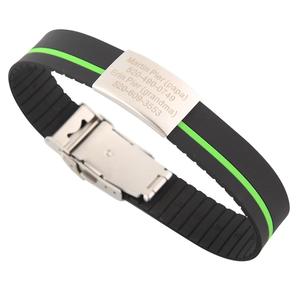 Black-Green stripe Пользовательские дети ID браслет ребенок выгравированы идентификационные браслеты детские SOS запястье Дети Мальчики ID безопасности силиконовые браслеты - Окраска металла: Black-Green stripe