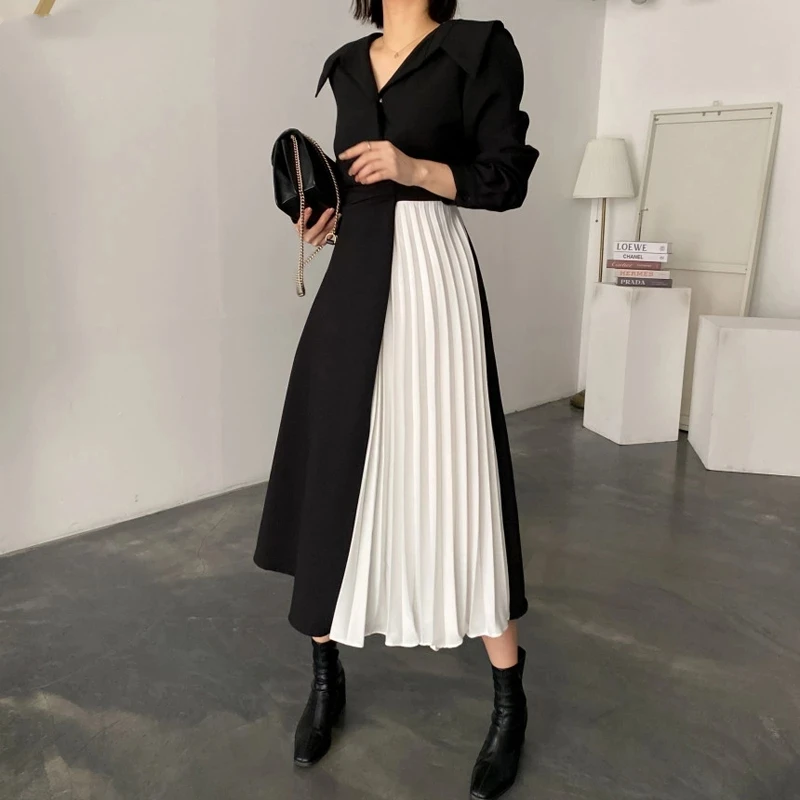 Женское элегантное платье трапециевидной формы с отворотами приталенное