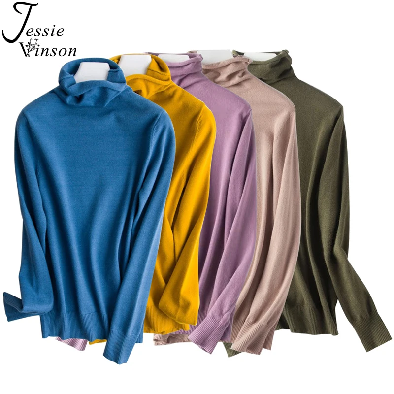 

Jessie Vinson Long Sleeve Turtleneck Solid Pullover Knitted Sweater Women Spring Autumn Jumper Basic Knitwear Female Sweater Top