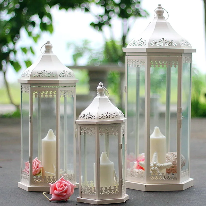

Outdoor Windproof Iron Candle Holder Lantern Rustic White Candle Holder Wedding Decoration Candelabros Table Centerpiece AH50CH