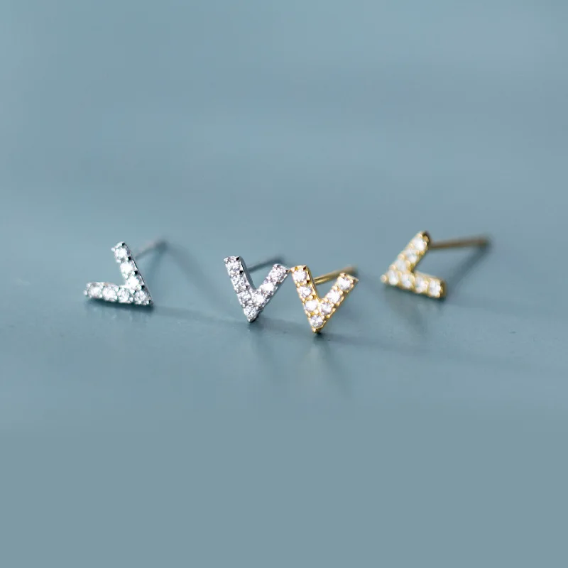 

925 Sterling Silver Small Letter V with Cubic Zirconia Stone Earings Gold Color Plated Ear Studs CZ Earrings for Women