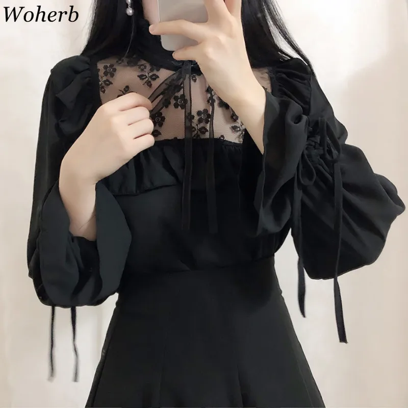 Woherb Винтаж оборками кружевная блузка Новые Элегантные Повседневное Для женщин топы прелестные модные туфли в Корейском стиле; белая рубашка Женский, с длинным рукавом, блузка