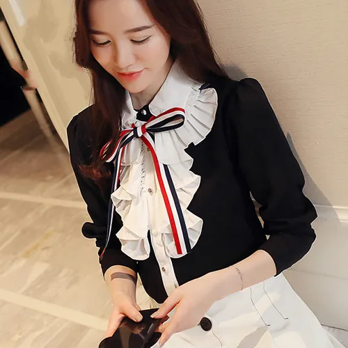 Модная элегантная шифоновая блузка с бантом женская рубашка длинным рукавом