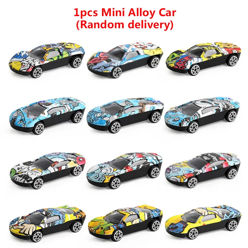 1PCS RANDOM Мини игрушки из сплава автомобиль литья под давлением мультфильм моделирование транспортных средств металлические скользящие спортивные граффити автомобиль карманная модель детские подарки - Цвет: 1PCS RANDOM