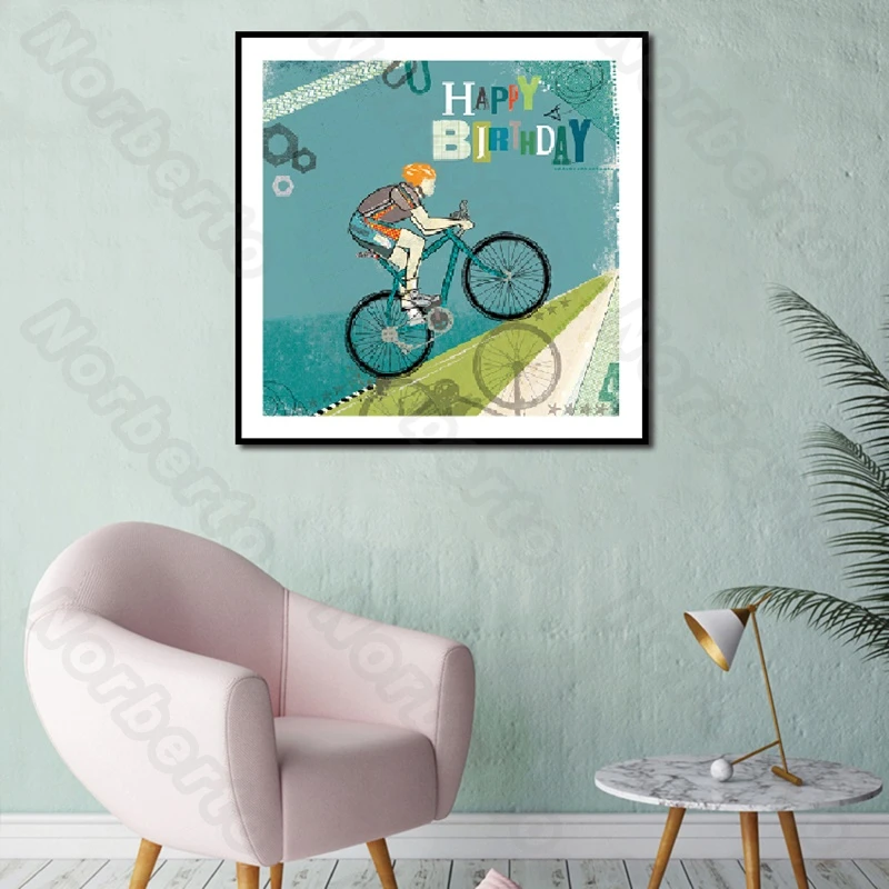 

Modern Style Canvas Painting Wall Poster Cool Men Riding Bikes Letters Happy Birthday Colorful Balloons for Home Rooms Decoratio