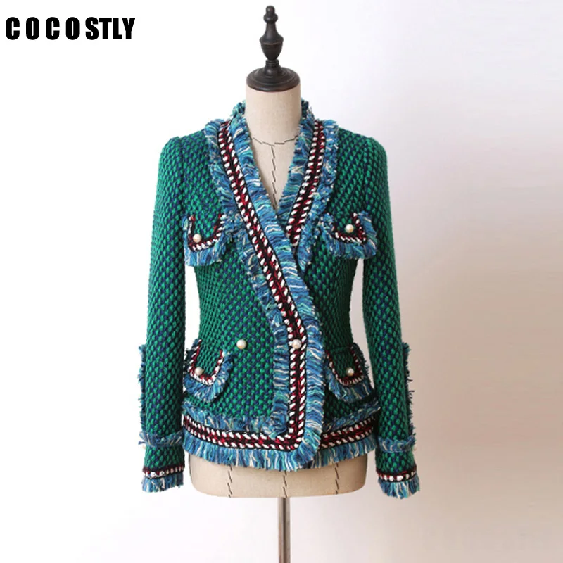 

Женская твидовая куртка с бахромой, подиумная короткая зеленая куртка с длинными расклешенными рукавами и передними карманами с жемчугом