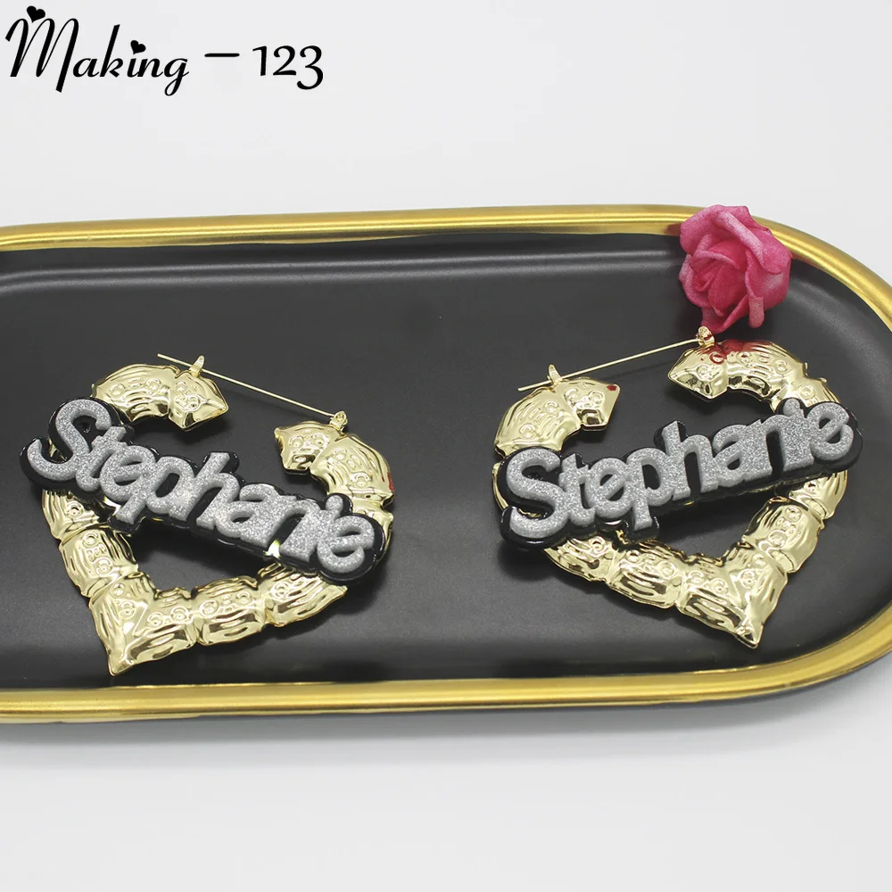 

Making-123 Fashion Acrylic Custom Name Earrings Stainless Bamboo Hip Hop Round Female Personality Earring Gift wholesale Joyas