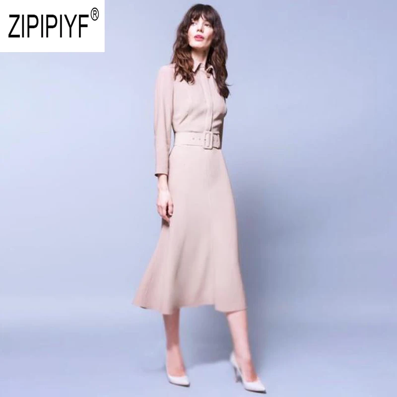 

Elegant Fashion 2019 Autumn Women Plus Size Dresses Turn Down Neck Long Sleeve Mid Waist A-Line Dresses Office Lady Dress Z2666