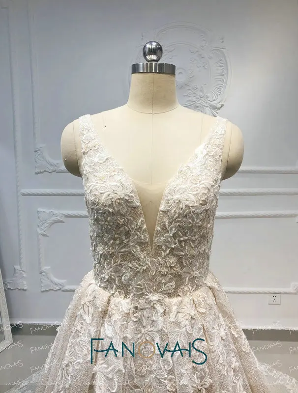 Champagne Ball Gown Wedding Dress 2019 Deep V Lace Beading Luxury Bridal Gowns Long Train vestido de novia robe mariee | Свадьбы и