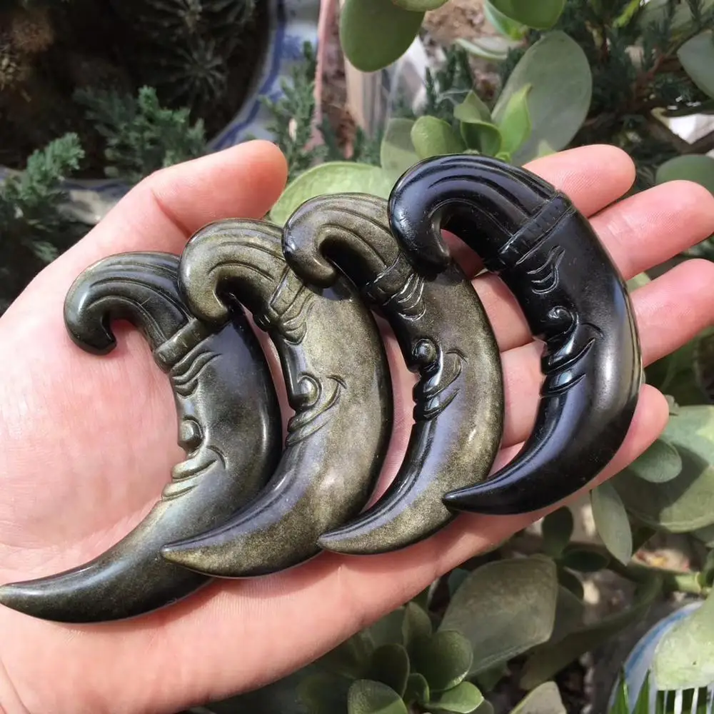 

42.0gHealing treatment of natural gold obsidian, crystal quartz hand carved moon sculpture