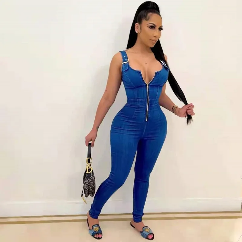 

Women High-Elastic Imitation DenimJumpsuitsSleeveless Hollow Out Sexy Overalls Skinny Long Pants Summer Female Casual Romper