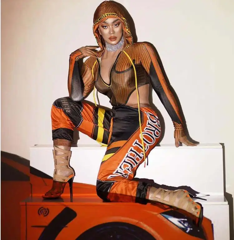 

Orange Long Sleeve Top Pants Prom Women Dance Singer Club Spandex Outfit Women Racer Costume V-collar Hooded Wear