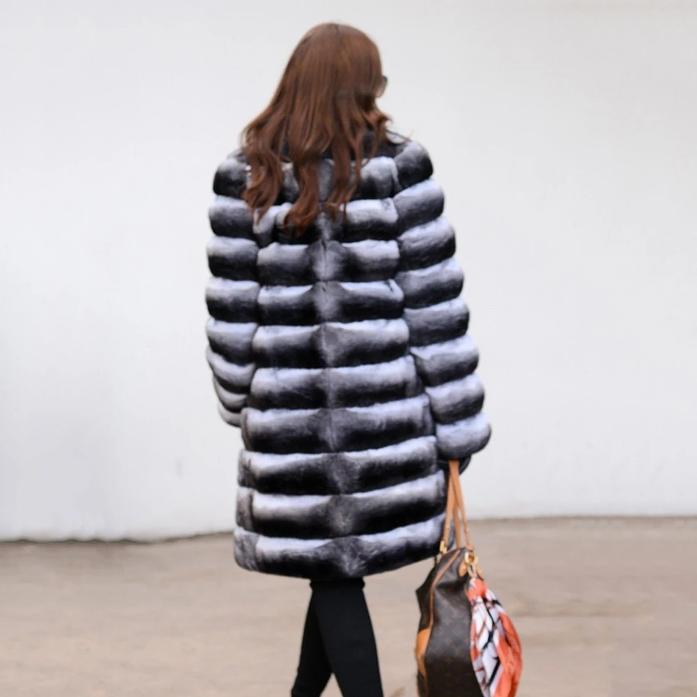 90cm Long Real Fur Coats Winter Fashion Women 2022 New Chinchilla Color Natural Rex Rabbit Fur Coat Stand Collar Fur Overcoats enlarge
