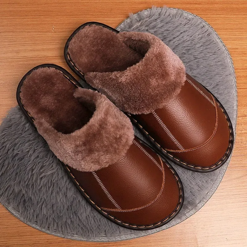 

Men Winter Genuine Leather Slippers Warm Faux Fur Lining Plush Mules Slipper Closed Toe Open Back House Shoes With Rubber Sole
