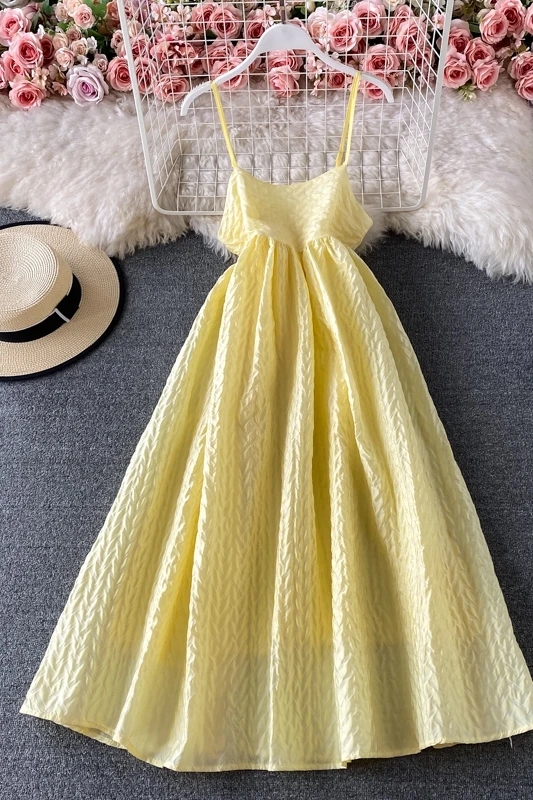 

Summer women's yellow spaghetti strap Ball Gown Dress Korean fashion high waist big swing holiday dress 2021 Robes