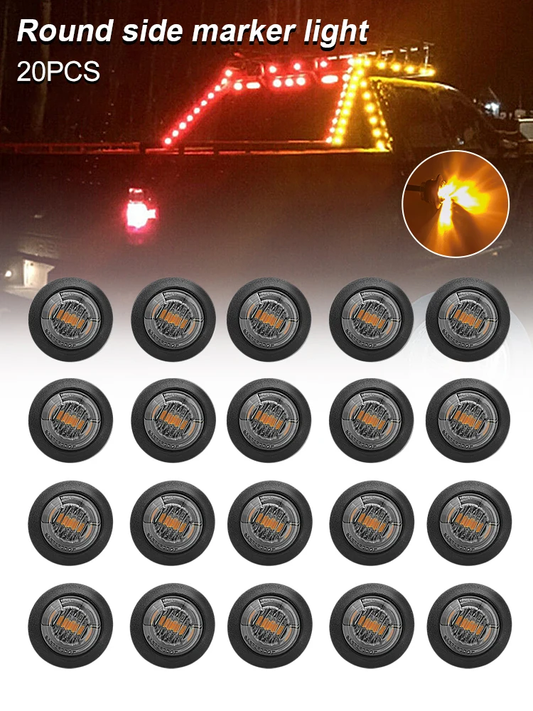 

20Pcs 3/4inch Car Truck Light 3LED Round Side Marker Amber Grille Light Warning Lamp Smoked Waterproof Shell Trailer RV Light