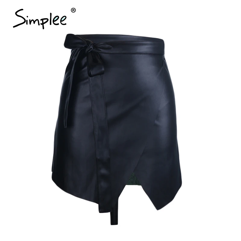 

High street skirt ladies spring and summer casual black women asymmetric leather skirt belt sexy slim mini skirt women