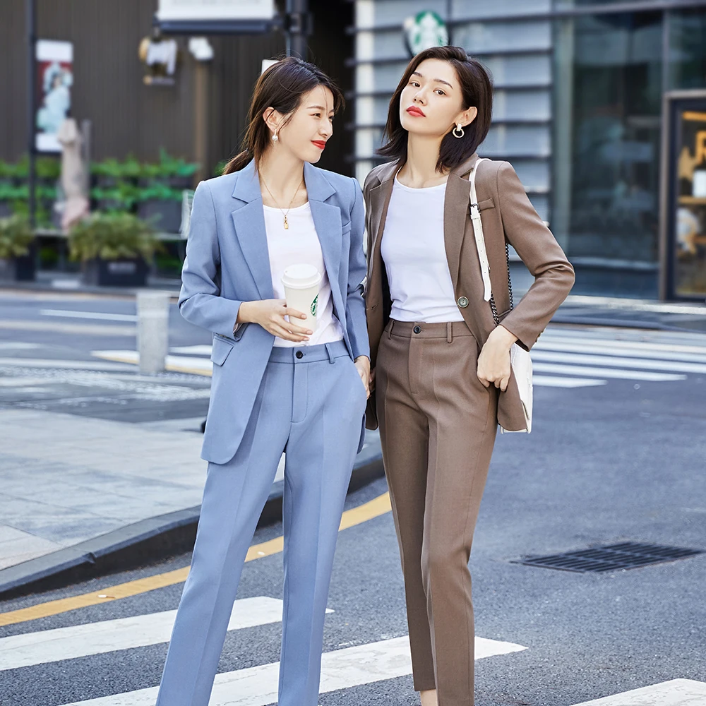 Fashion Women Office Ladies Formal Pant Suit Business Interview Work Wear 2 Piece Set Coffee Black Blue Blazer And Trouser