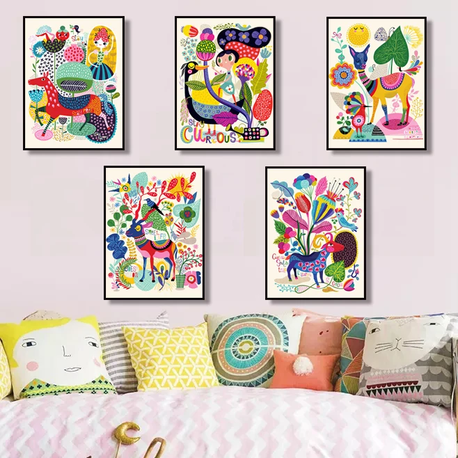 Современная Абстрактная живопись красочные животных Олень лошадь ламы Плакаты