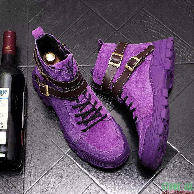 

Autumn Fashion Nubuck Leather Men Shoes Purple Punk Motorcycle Ankle Boots Zapatillas Hombre