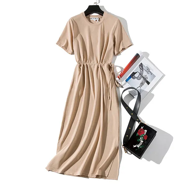Длинное платье футболка женское летнее с поясом и разрезом на талии Повседневное