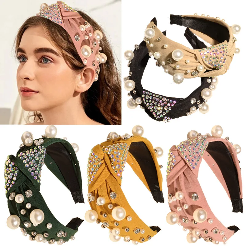 

Pearl Rhinestone Headbands For Women Bejeweled Crystal Diamond Hairband Baroque Gemstone Hair Accessories Wide Elastic Headdress