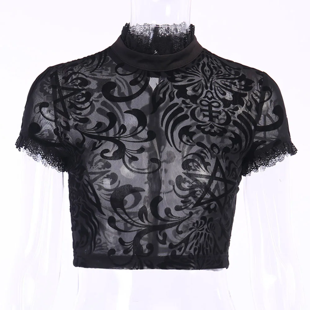 Готическая Кружевная футболка для женщин с принтом сексуальный прозрачный
