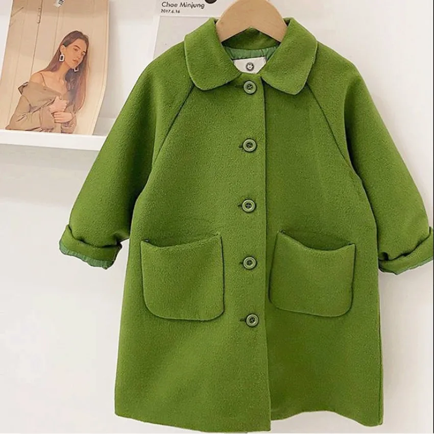 Осенне-зимнее плотное теплое зеленое длинное шерстяное пальто для маленьких