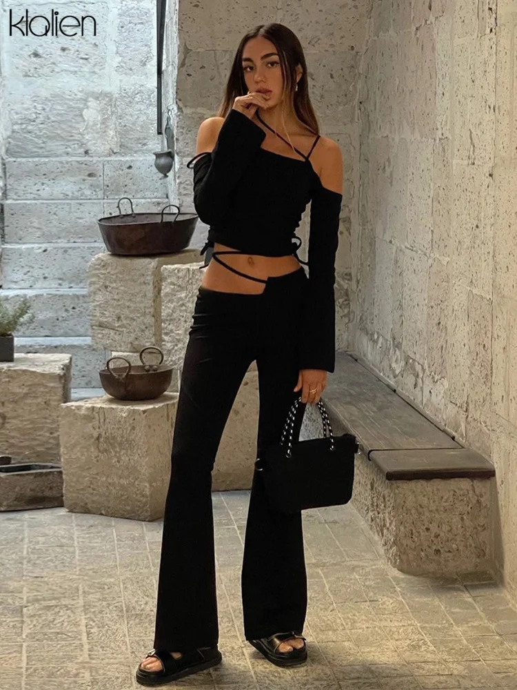 

KLALIEN Autumn Fahion Casual T Shirt and Flare Pants Two Piece Set For Women Simple Solid Sexy Off Should Outfit Female Street
