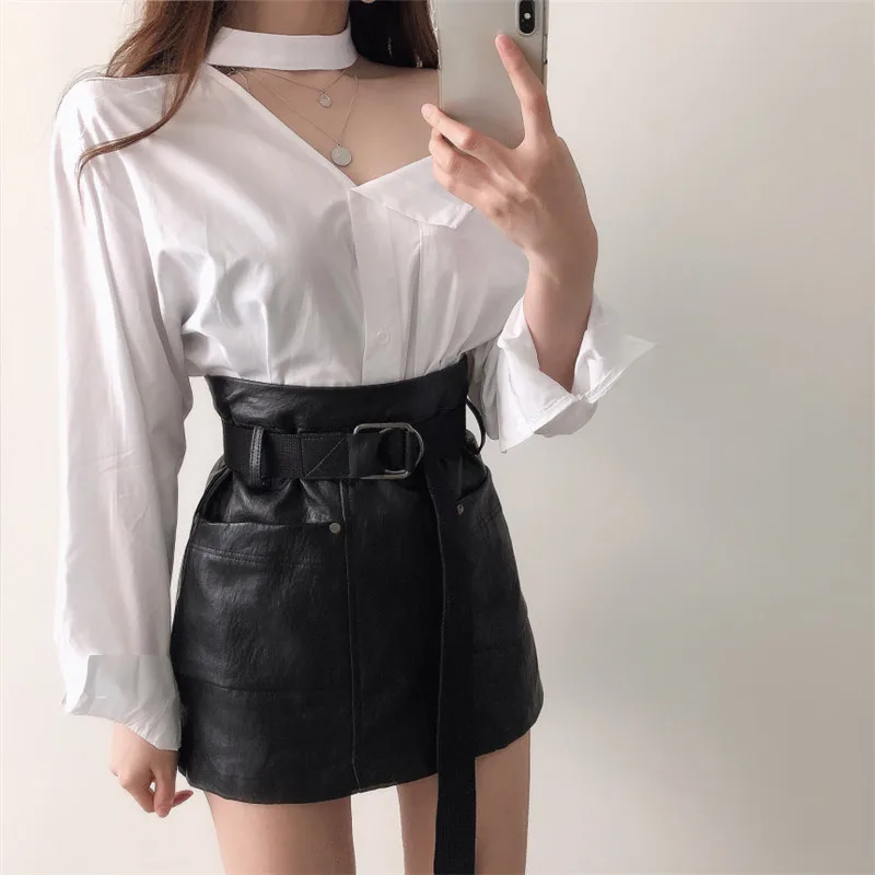

RUGOD 2021 spring off-shoulder chain hollow out shirt simple all-match spring outgoing shirt termeprament all-match spring shirt