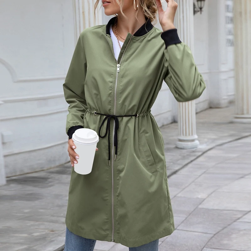 

Outdoor Waterproof Clothing Mid-Length Hooded Waist Windbreaker Zipper Coat Tops