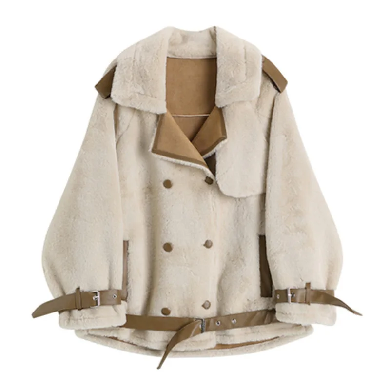 

2023 Winter Women's Fur Lamb Wool Overcoat Jackets Baggy Thick Warm Korean Fashion Female Tops Cotton Padded Short Outerwear