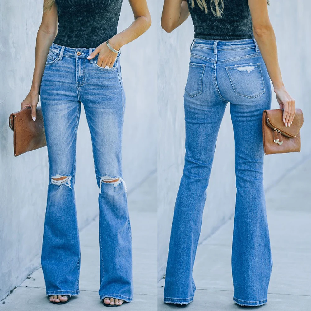 

Casual Flare Jeans Pants Fashion Slim Blue Women's Jeans Large Size Women Ripped Jeans 2021 Autumn Elegant Office Jeans Female