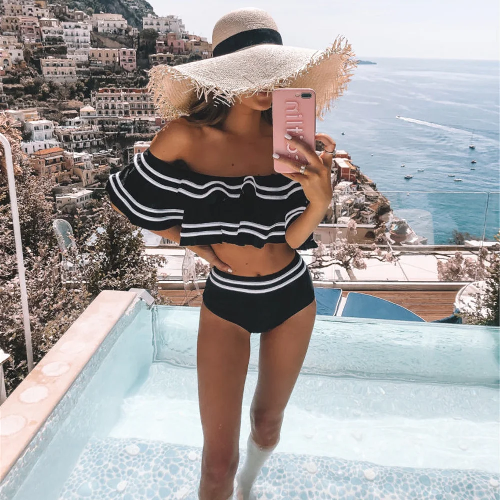 

Sexy Off Shoulder Bikini Women Solid Swimwear Push Up Swimsuit Ruffle Biquini High Waist Bikinis Flounce Bathing Suit Pad Stripe